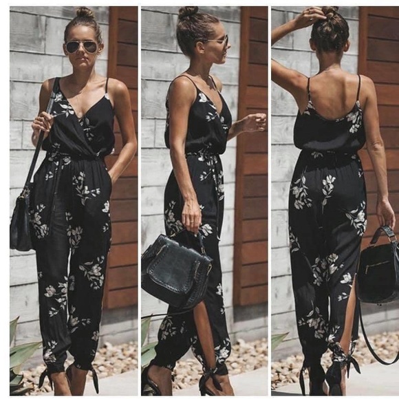 Pants - NEW! Black and White Open Slit Floral Jumpsuit